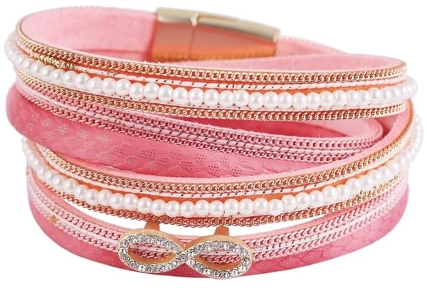 Wrap Läderarmband/Läder Armband med Infinity & Pärlor  - Rosa