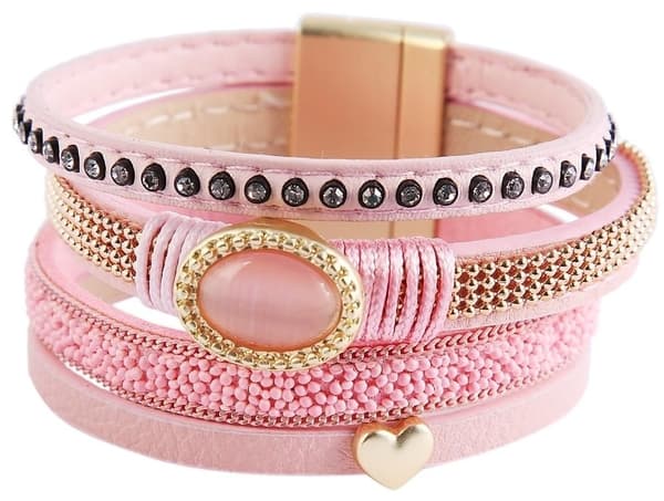 Rosa Läderarmband / Läder Armband med Guld Hjärta & Rosa Pärla