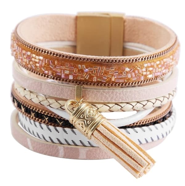 Beige Läderarmband / Läder Armband med Tofs & Pärlor