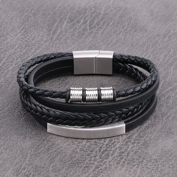 INF Punk flerlags vævet rustfrit stål læderreb armbånd Sølv 20.5 cm