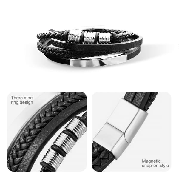 INF Punk flerlags vævet rustfrit stål læderreb armbånd Sølv 20.5 cm