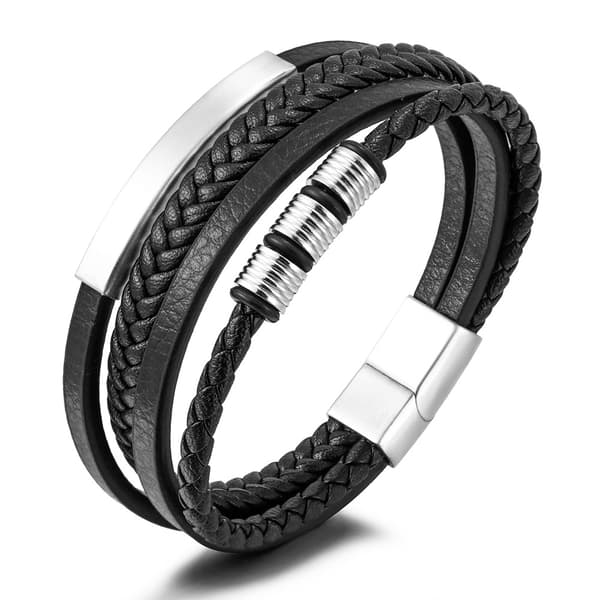 INF Punk flerlags vævet rustfrit stål læderreb armbånd Sølv 20.5 cm