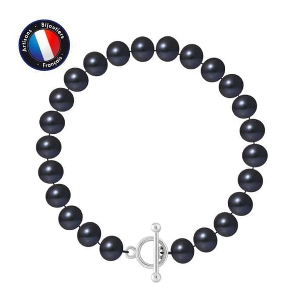 Armband - PERLINEA - Äkta sötvattensodlad pärla 8-9 mm - 925 Silver - Batonglås - Svart