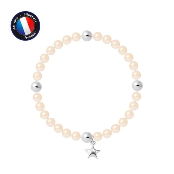 PERLINEA - My Star Armband - Äkta rund sötvattenskulturpärla 5-6 mm Naturrosa - Elastisk kabel - Damsmycken