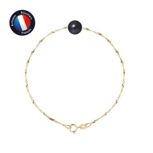 Armband - PERLINEA - Sötvattensodlad pärla 8-9 mm - Gult guld - Singapore Mesh - Svart