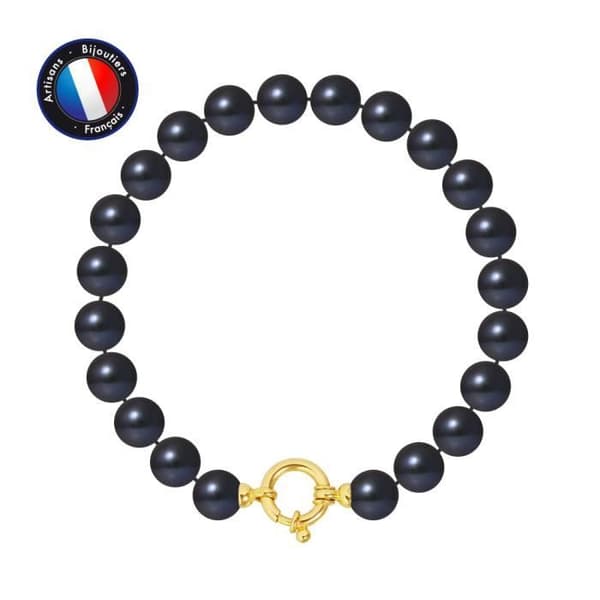 Armband - PERLINEA - Sötvattensodlade pärlor 8-9 mm - Svart Tahiti - Gult guld - AAA+ kvalitet
