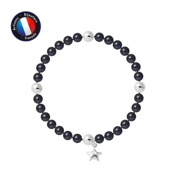PERLINEA - My Star Armband - Äkta rund sötvattenskulturpärla 5-6 mm Svart Tahiti - Elastisk kabel - Damsmycken