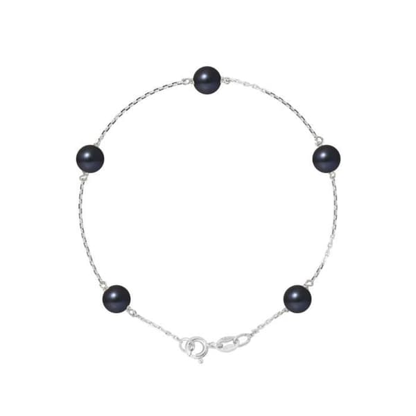 Armband - PERLINEA - 5 sötvattensodlade pärlor 6-7 mm - 925 Silver - Svart - Längd 18 cm