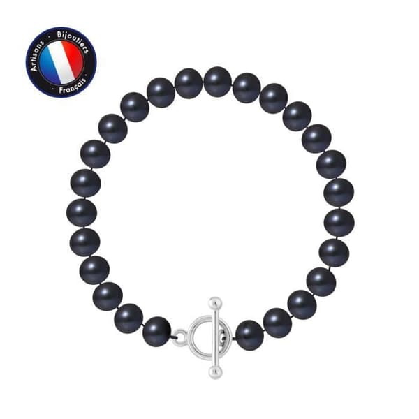 Armband - PERLINEA - Äkta sötvattensodlad pärla 7-8 mm - 925 Silver - Batonglås - Svart