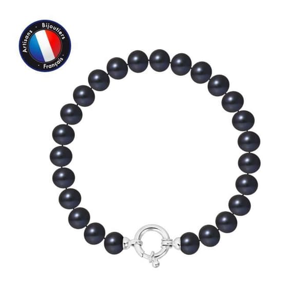 Armband - PERLINEA - Äkta sötvattenskulturpärla 7-8 mm - 925 Silver - Svart - Längd 18 cm