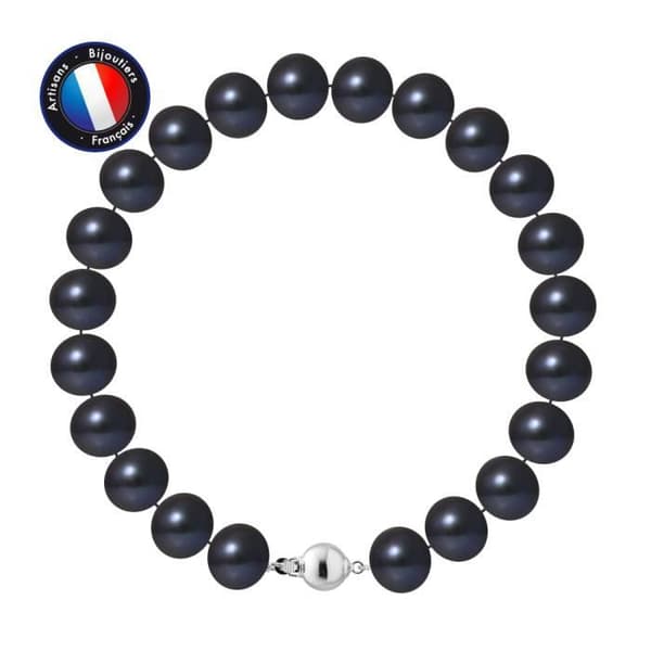 Armband - PERLINEA - Äkta sötvattensodlad pärla 9-10 mm - 925 Silver - Kullås - Svart