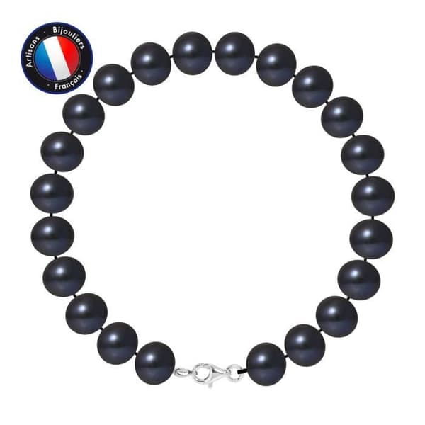 Armband - PERLINEA - Äkta sötvattenskulturpärla 9-10 mm - 925 Silver - Karbinhake - Svart
