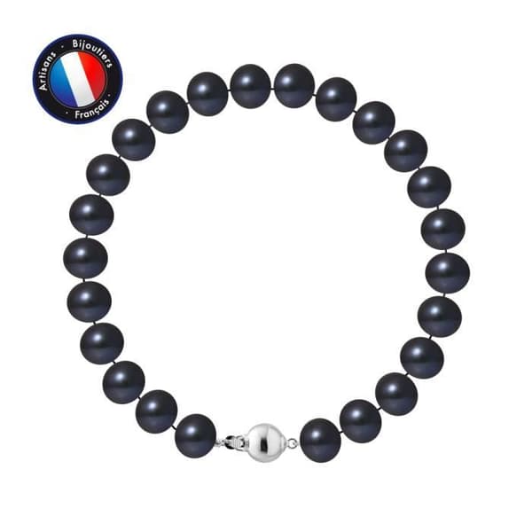 Armband - PERLINEA - Äkta sötvattensodlad pärla 8-9 mm - 925 Silver - Kullås - Svart