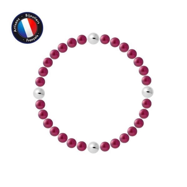 Armband - PERLINEA - Äkta sötvattensodlade pärlor 5-6 mm Körsbärsröd - 925 Silver - Elastisk