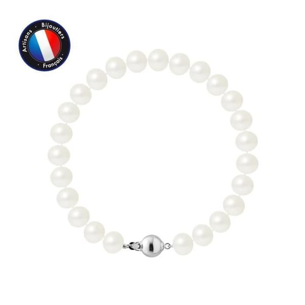Armband - PERLINEA - Äkta sötvattenskulturpärla 7-8 mm - 925 Silver - Kullås - 18 cm