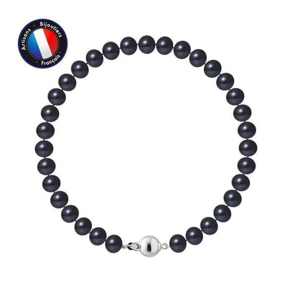 Armband - PERLINEA - Äkta sötvattensodlad pärla 6-7 mm - 925 Silver - Kullås - Svart