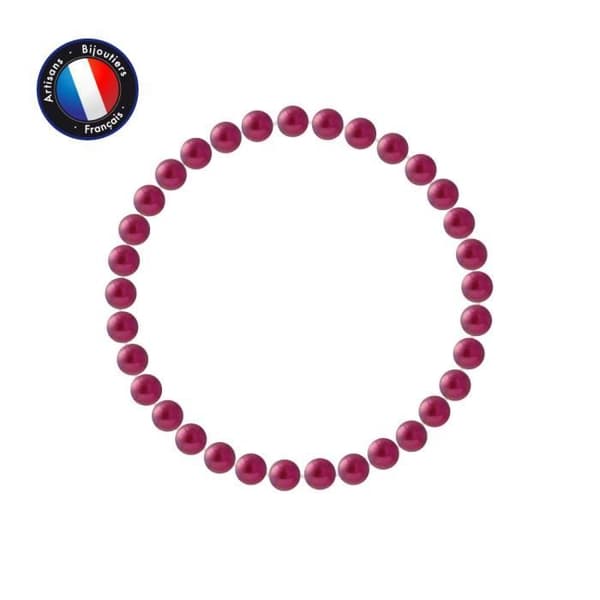 Armband - PERLINEA - Äkta sötvattensodlad pärla 5-6 mm Körsbärsröd - Elastisk - 18 cm