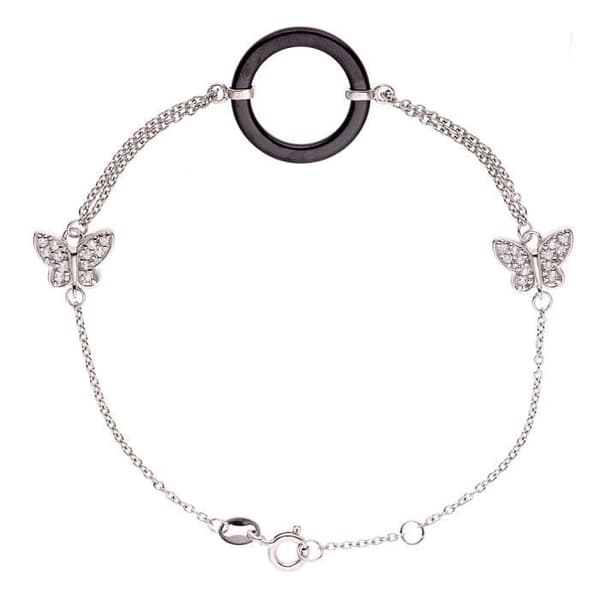Armband - Yoanna - 925 Rhodium Pläterad Sterling Silver - Svart Keramik - Zirkonium Oxider - Fjärilsmönster