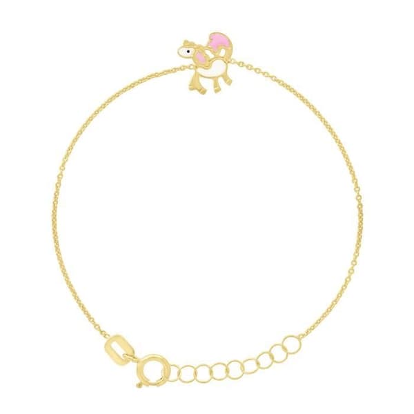 Armband Barn - LÉA & ARTHUR - Mönster HÄST - Guld 375 - Justerbar Längd 12-14 cm - Vit/Rosa Emalj