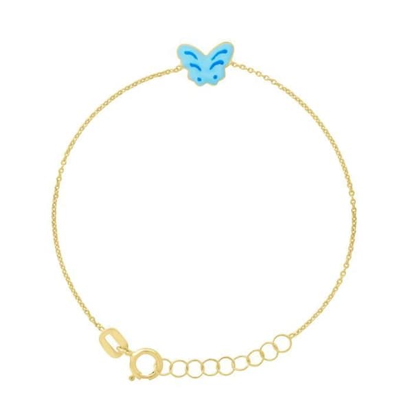 Armband Barn - LÉA &amp; ARTHUR - Motiv FJÄRIL - Guld 375 - Justerbar längd 12-14 cm - Blå Emalj