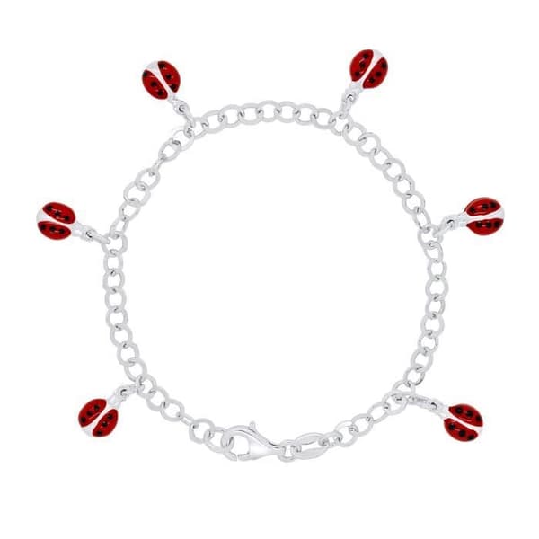 LÉA &amp; ARTHUR - Barnarmband med 5 LADYBUG Berlocker - Rhodiumpläterad 925 Sterling Silver - Justerbar längd - Barnsmycken