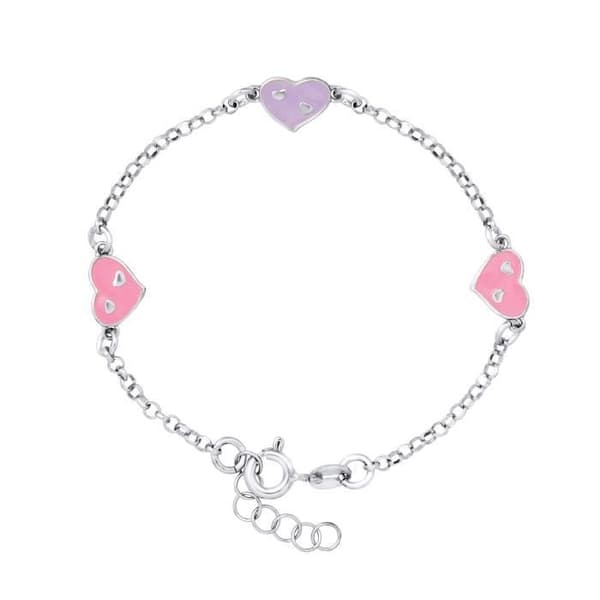 LÉA &amp; ARTHUR - 3 HJÄRTOR Barnarmband - Rhodiumpläterat 925 Silver &amp; PINK-MAUVE Emalj - Justerbar längd