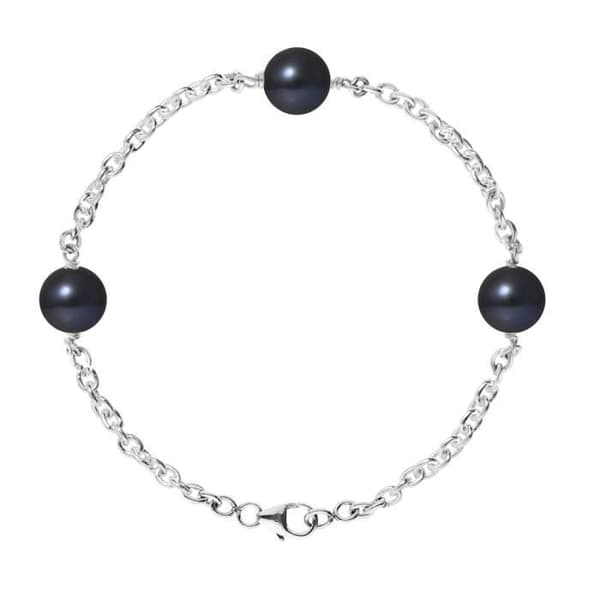 Armband - PERLINEA - 3 sötvattensodlade pärlor 9-10 mm - 925 Silver - Svart - Längd 18 cm