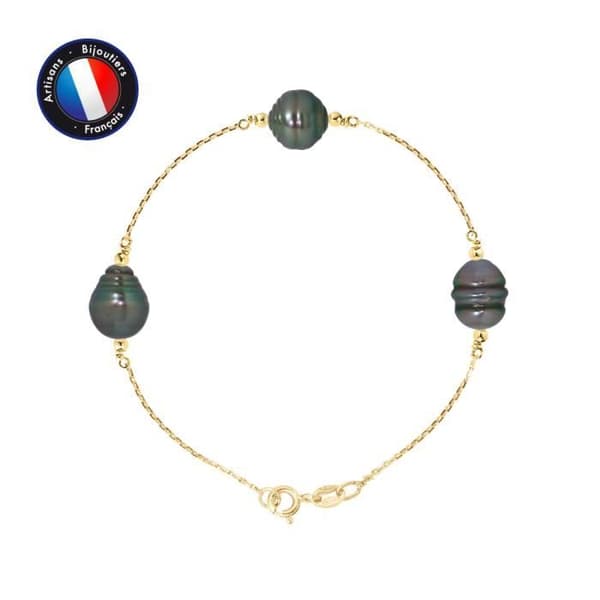 Armband - PERLINEA - 3 Tahitiska odlade pärlor 8-9 mm - Gult guld - Längd 18 cm - A+ kvalitet