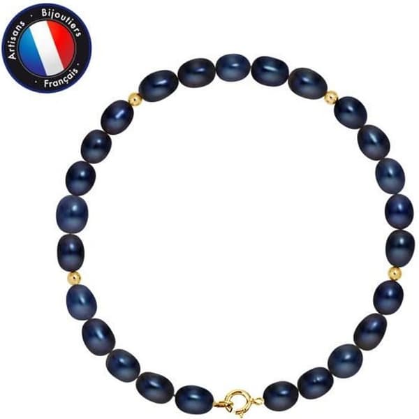 Armband - PERLINEA - Äkta sötvattenskulturpärla 4-5 mm - Gult guld - 18 cm - Svart Tahiti