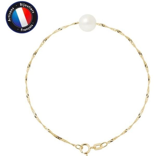 Armband - PERLINEA - Sötvattensodlad pärla 8-9 mm - Gult guld - Singapore Mesh - 18 cm