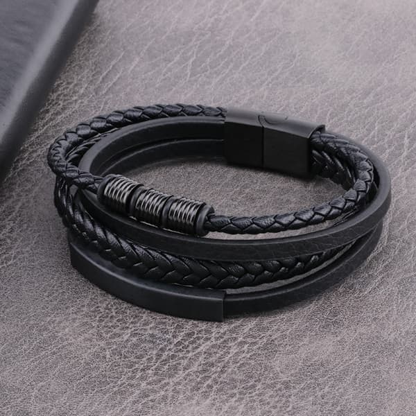 Punk flerlags vevd rustfritt stål lær tau armbånd