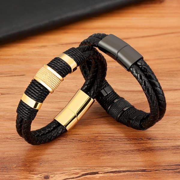 INF 1-pack Punk vävt rostfritt stål läderrep armband  22 cm