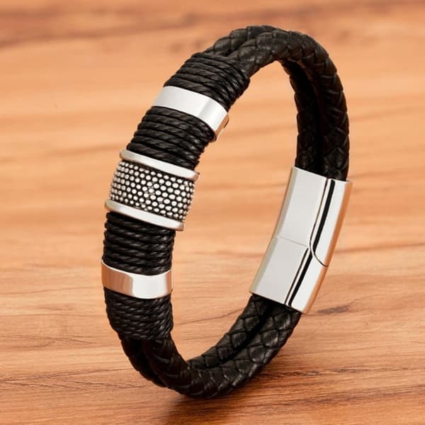 Punk vevd rustfritt stål lær tau armbånd