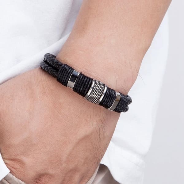 Punk vevd rustfritt stål lær tau armbånd