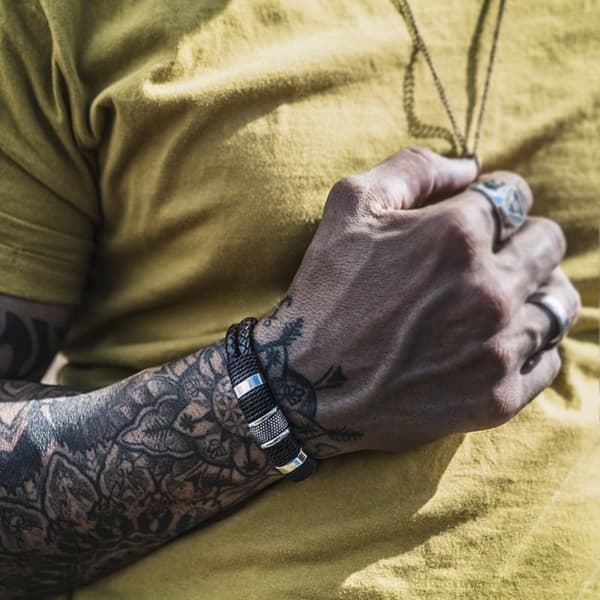 Punk vevd rustfritt stål lær tau armbånd