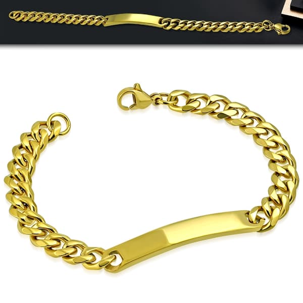 Guld Armband / Pansarlänk i Rostfritt Stål 316L - Kedja med ID Bricka för Gravyr - L 16 cm B 6 mm