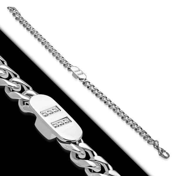 Armband i Rostfritt Stål 316L i Silver Färg - Pansarlänk med Vita/Klara Glittrande Cubic Zirconia - 7 mm
