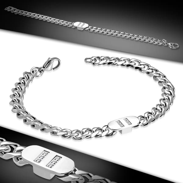 Armband i Rostfritt Stål 316L i Silver Färg - Pansarlänk med Vita/Klara Glittrande Cubic Zirconia - 7 mm