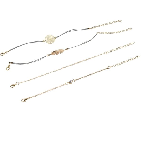 4 st Armband i Guld färg med Grå Tråd samt fjäder & blomma