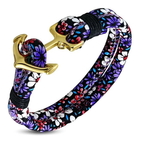 Armband Blommigt Mönster Rep/PU läder med ankare i guld färg