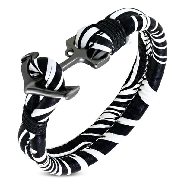 Armband Svart/vit Rep/PU läder med ankare i mörk silver färg