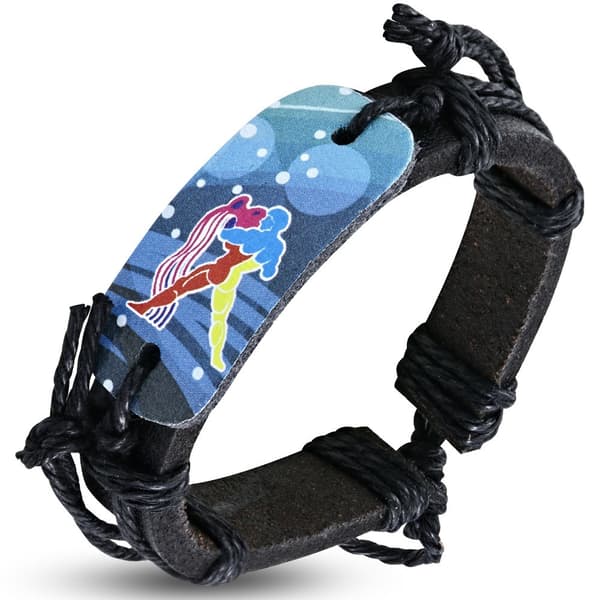 Svart Läderarmband / Läder Armband med Stjärntecken - Vattumannen / Aquarius