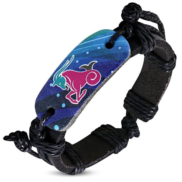Svart Läderarmband / Läder Armband med Stjärntecken - Stenbocken / Capricorn