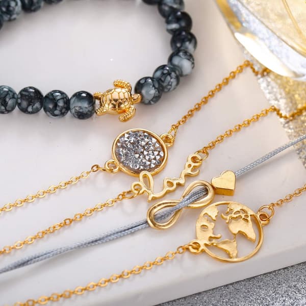 5 st Armband pärlor, världen, sköldpadda, hjärta i guld färg