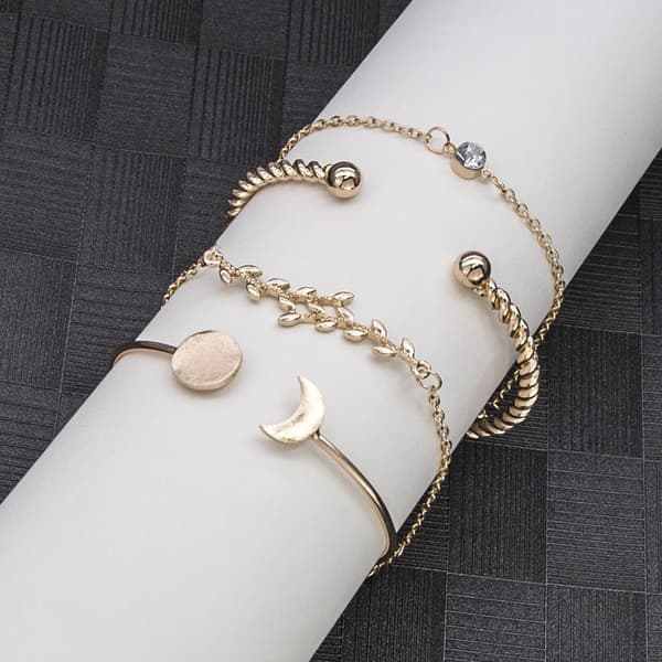 4 st Armband / Stelt Bangle i Guld Färg - Kedja, Löv, Rhinestone