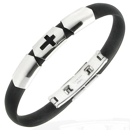 Armband med Kors i Svart Gummi och Rostfritt Stål 316L