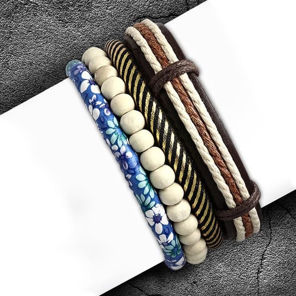 4 st Bohemian Chic Armband - Läder Rep Pärlor Blommor