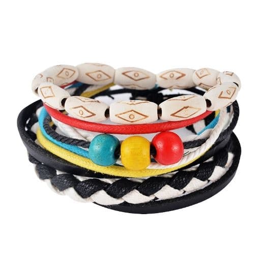 3 st Bohemian Chic Armband - Läder Pärlor - Turkos Cerise Gul