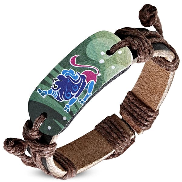 Brunt Läderarmband / Läder Armband med Stjärntecken - Lejonet / Leo