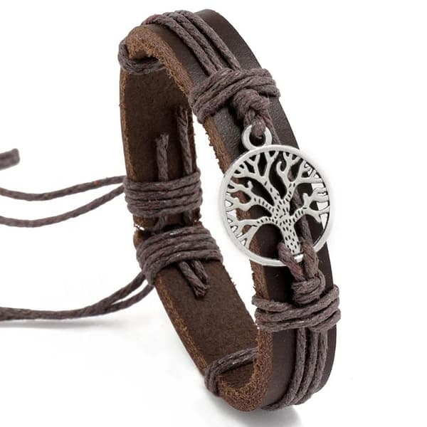 Genuine Leather Adjustable Brown Bracelet For Men - With Tree